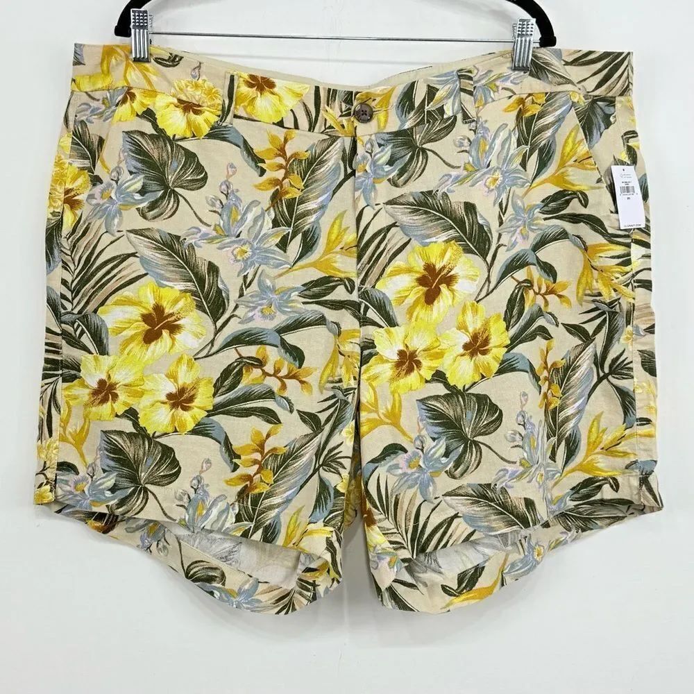 Old Navy Tan Linen Blend Tropical Floral Print Mid Rise Everyday Shorts NEW